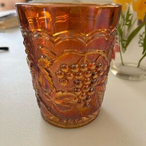 Vintage Amber Glass Tumbler with Grape Design